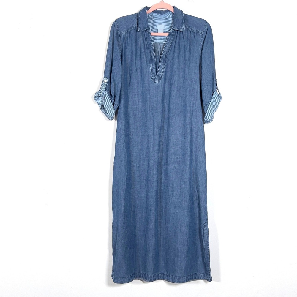Chico's Denim Tencel Lyocell Midi Dress Womens Sz 1 Blue Shift Roll Tab Sleeve